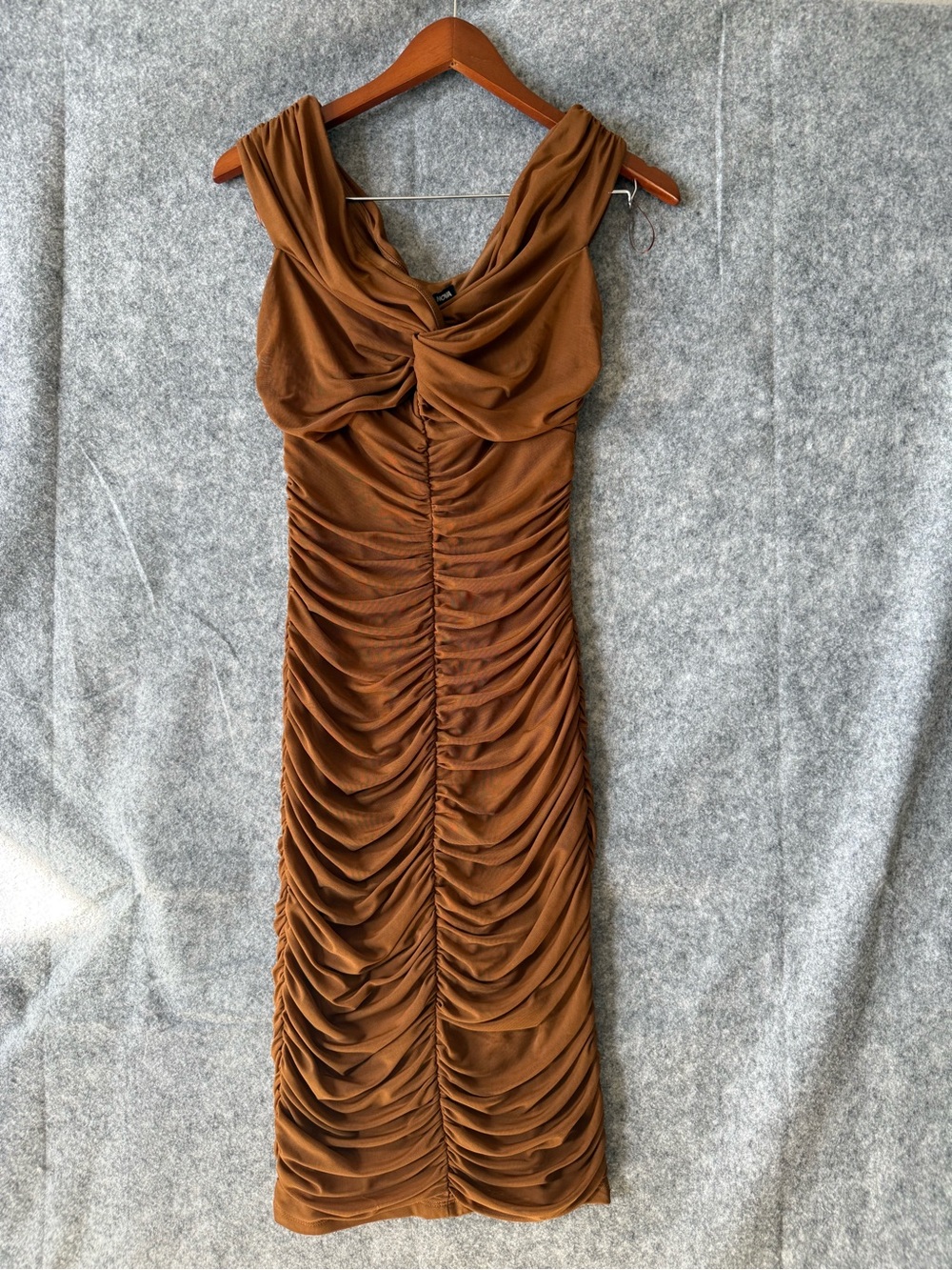 Fashion Nova The Tink- Women's Ruched Brown Midi Dress-XS